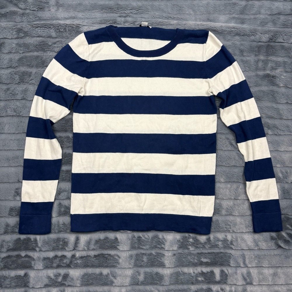 J.Crew Teddie Sweater Womens XS Navy Blue White Striped Cotton Knit Top 8740